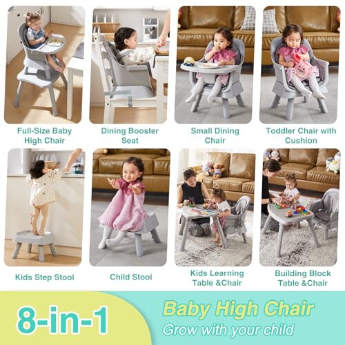 8 in 1 Baby High Chair with Removable Tray, Multifunctional High Chair for Babies and Toddlers, Converts Kids Table & Chair Set/Toddler Building Block Table/Step Stool/Small Dining Chair (Grey) - 32