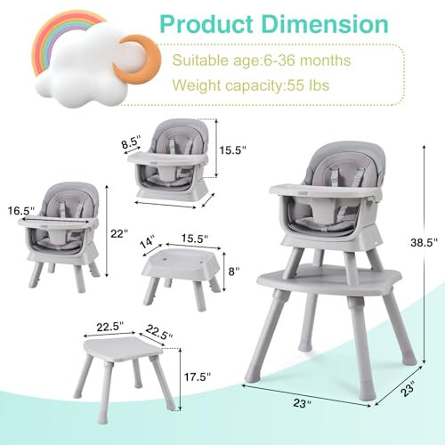 8 in 1 Baby High Chair with Removable Tray, Multifunctional High Chair for Babies and Toddlers, Converts Kids Table & Chair Set/Toddler Building Block Table/Step Stool/Small Dining Chair (Grey) - 36