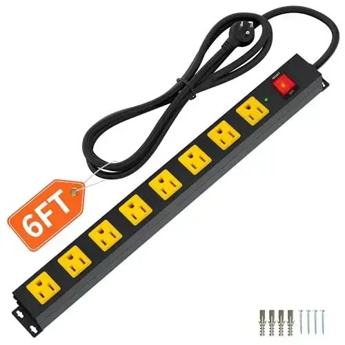 8 Outlet Long Power Strip, 2100J Surge Protector Heavy Duty 6FT Cord Wide Spaced and Wall Mount Metal Powerstrip for Home Office Garage Workshop - PLUG'N