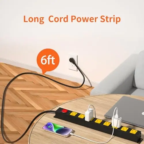 8 Outlet Long Power Strip, 2Pack 2100J Surge Protector Heavy Duty 6FT Cord Wide Spaced and Wall Mount Metal Powerstrip for Home Office Garage Workshop - 3