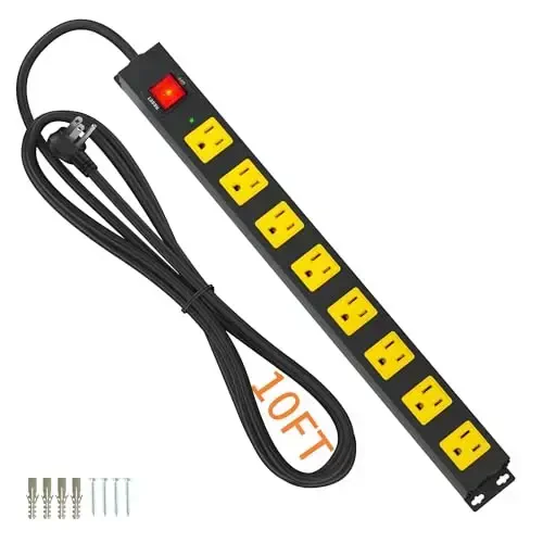8 Outlet Power Strip 2100J Surge Protector, 10FT Heavy Duty Extension Cord Wide Spaced Outlet and Wall Mount Metal Powerstrip for Home Office Garage Workshop - PLUG'N