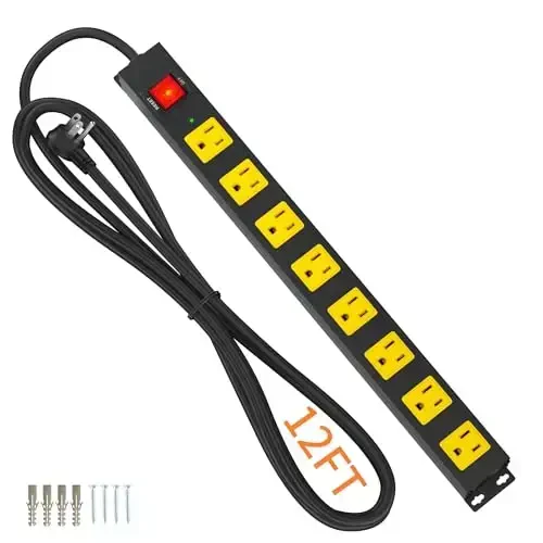 8 Outlet Power Strip 2100J Surge Protector, 12FT Heavy Duty Extension Cord Wide Spaced Outlet and Wall Mount Metal Powerstrip for Home Office Garage Workshop - 1