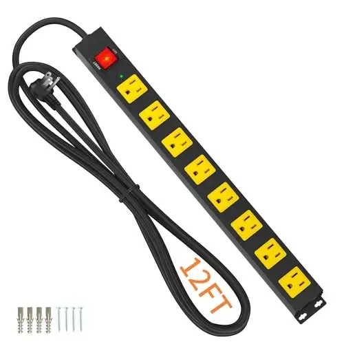 8 Outlet Power Strip 2100J Surge Protector, 12FT Heavy Duty Extension Cord Wide Spaced Outlet and Wall Mount Metal Powerstrip for Home Office Garage Workshop - 1