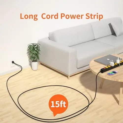 8 Outlet Power Strip 2100J Surge Protector, 15FT Heavy Duty Extension Cord Wide Spaced Outlet and Wall Mount Metal Powerstrip for Home Office Garage Workshop - 2