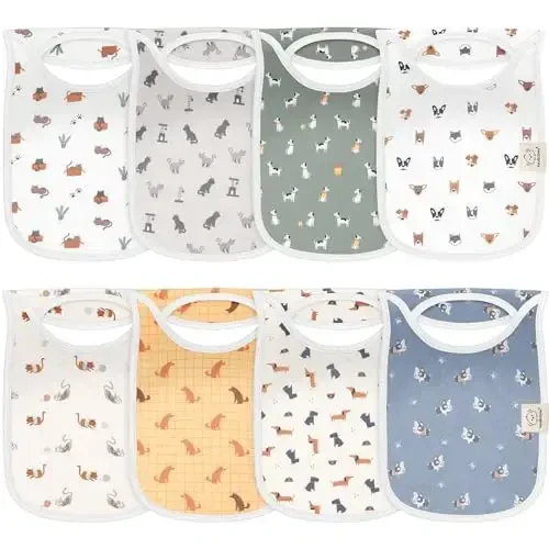 8-Pack Baby Bibs for Boys, Girls - Pullover Bibs for Drooling Teething Baby Girl & Boy Toddler, Newborn, Soft & Absorbent, Cute Colors, Large Torso Coverage Keep Infant Clean & Dry (Pets & Paws) - KEABABIES