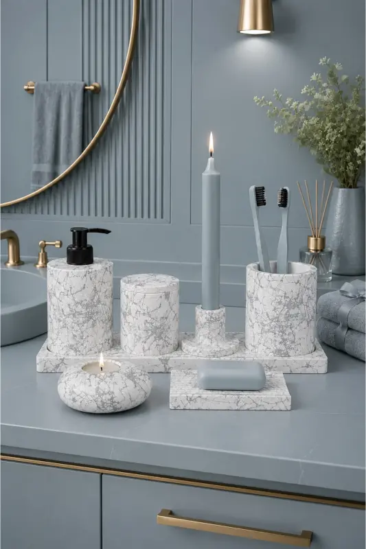 8 Parça Beton Banyo Aksesuar Seti Sıvı Sabunluk Diş Fırçalık Pamukluk Tepsili Modern El Yapımı - Gümüş - 1