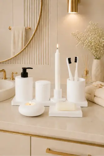 8 Parça Beton Banyo Seti Katı Sıvı Sabunluk Diş Fırçalık Mumluk Tepsi Sunumluk Pamuk Kutusu - Beyaz 