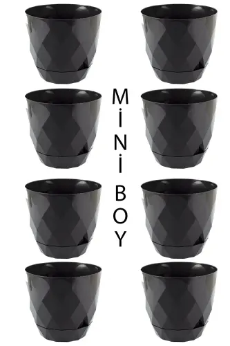 8 Pcs Small Size Glossy Diamond Pattern Plastic Flower Pot with Saucer Yakamoz No 0 Mini Size. 0.30 Liter - Black 