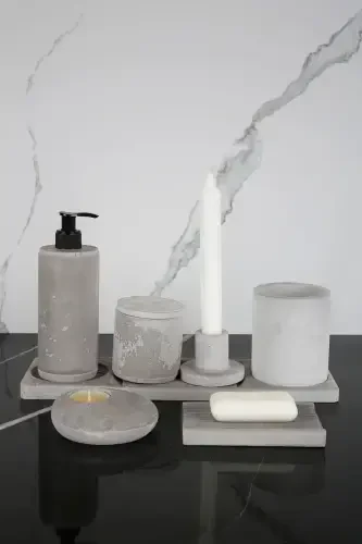 8 Piece Concrete Bathroom Set Solid Liquid Soap Dispenser Toothbrush Holder Candle Holder Incense Holder Tray Presentation Cotton Box-Concrete Gray - 1