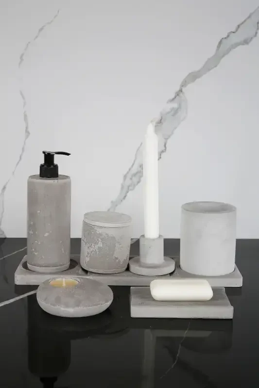 8 Piece Concrete Bathroom Set Solid Liquid Soap Dispenser Toothbrush Holder Candle Holder Incense Holder Tray Presentation Cotton Box-Concrete Gray - 1