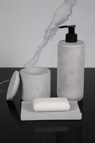 8 Piece Concrete Bathroom Set Solid Liquid Soap Dispenser Toothbrush Holder Candle Holder Incense Holder Tray Presentation Cotton Box-Concrete Gray - 3