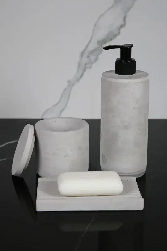 8 Piece Concrete Bathroom Set Solid Liquid Soap Dispenser Toothbrush Holder Candle Holder Incense Holder Tray Presentation Cotton Box-Concrete Gray - 3