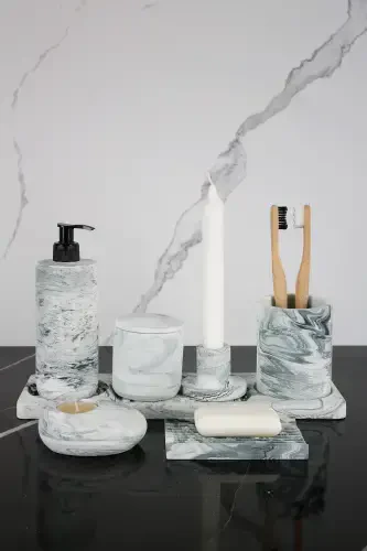 8 Piece Concrete Bathroom Set Solid Liquid Soap Dispenser Toothbrush Holder Candle Holder Incense Holder Tray Presentation Cotton Box-Green - 1