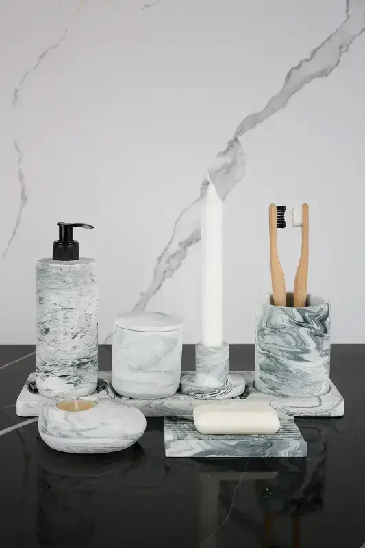 8 Piece Concrete Bathroom Set Solid Liquid Soap Dispenser Toothbrush Holder Candle Holder Incense Holder Tray Presentation Cotton Box-Green - 1