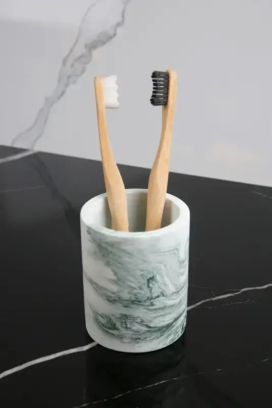 8 Piece Concrete Bathroom Set Solid Liquid Soap Dispenser Toothbrush Holder Candle Holder Incense Holder Tray Presentation Cotton Box-Green - 2