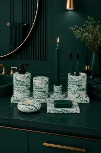 8 Piece Concrete Bathroom Set Solid Liquid Soap Dispenser Toothbrush Holder Candle Holder Incense Holder Tray Presentation Cotton Box-Green 