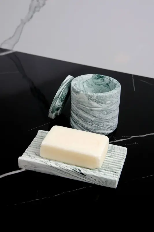 8 Piece Concrete Bathroom Set Solid Liquid Soap Dispenser Toothbrush Holder Candle Holder Incense Holder Tray Presentation Cotton Box-Green - 5