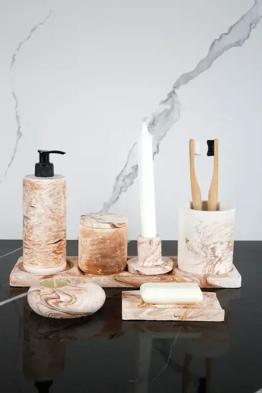 8 Piece Concrete Bathroom Set Solid Liquid Soap Dispenser Toothbrush Holder Candle Holder Incense Holder Tray Serving Tray Cotton Box-beige - 1