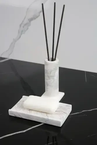 8 Piece Concrete Bathroom Set Solid Liquid Soap Dispenser Toothbrush Holder Candle Holder Tray Presentation Cotton Box-Black - 5