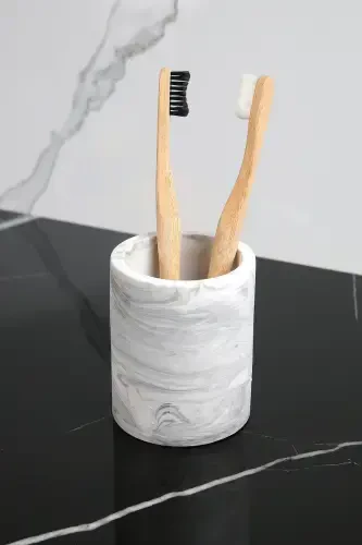 8 Piece Concrete Bathroom Set Solid Liquid Soap Dispenser Toothbrush Holder Candle Holder Tray Presentation Cotton Box-Black - 6