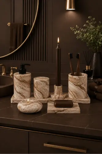 8 Piece Concrete Bathroom Set Solid Liquid Soap Dispenser Toothbrush Holder Candle Holder Tray Serving Tray Cotton Box-beige 