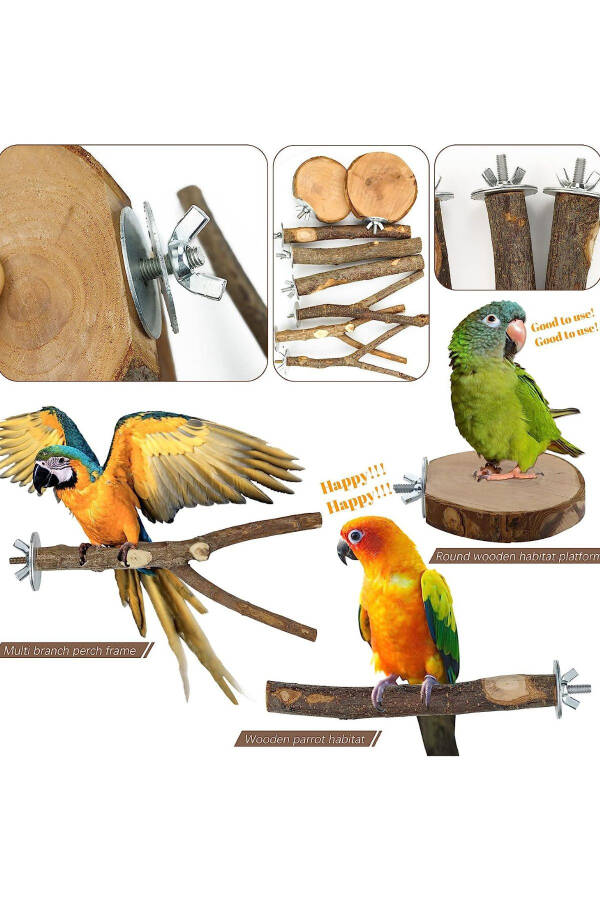 8 Piece Natural Wooden Bird Perch Stand - Fork Toys & Hanging Multi-Branch Perches - 3