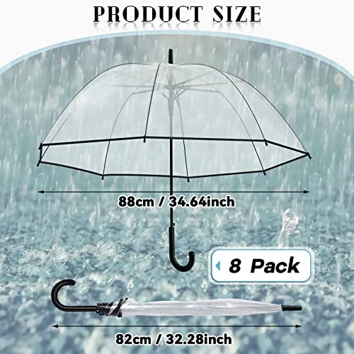 8 Pieces Clear Bubble Umbrella Auto Open Clear Dome Umbrella Windproof Wedding Umbrellas for Rain Transparent Umbrella with J Hook Handle for Bride Groom Gifts Bridal Party Outing Graduation Prom - Fabbay (1)