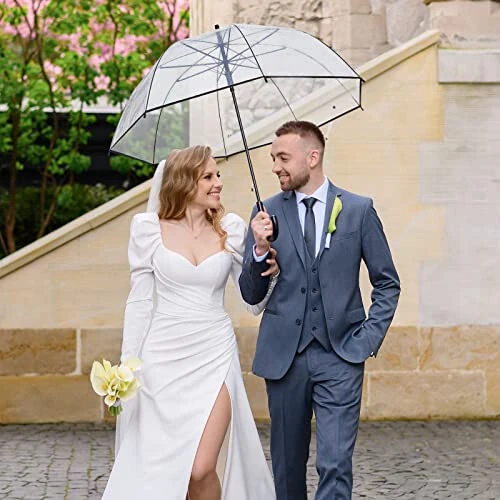 8 Pieces Clear Bubble Umbrella Auto Open Clear Dome Umbrella Windproof Wedding Umbrellas for Rain Transparent Umbrella with J Hook Handle for Bride Groom Gifts Bridal Party Outing Graduation Prom - 5