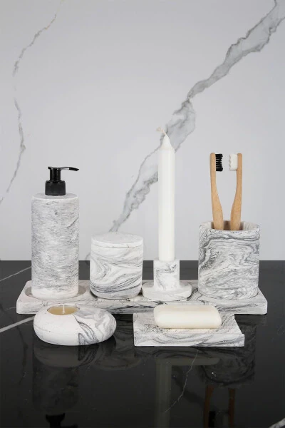 8 Pieces Concrete Bathroom Set Solid Liquid Soap Dish Toothbrush Holder Candle Holder Incense Holder Tray Serving Cotton Box - BETONMALL