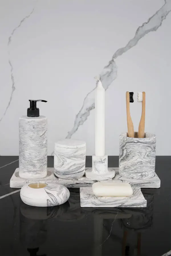 8 Pieces Concrete Bathroom Set Solid Liquid Soap Dish Toothbrush Holder Candle Holder Incense Holder Tray Serving Cotton Box - 1