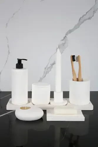 8 Pieces Concrete Bathroom Set Solid Liquid Soap Dispenser Toothbrush Holder Candle Holder Tray Presentation Cotton Box-White - 1