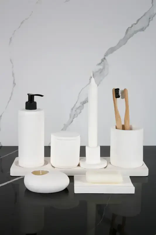 8 Pieces Concrete Bathroom Set Solid Liquid Soap Dispenser Toothbrush Holder Candle Holder Tray Presentation Cotton Box-White - 1