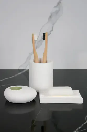 8 Pieces Concrete Bathroom Set Solid Liquid Soap Dispenser Toothbrush Holder Candle Holder Tray Presentation Cotton Box-White - BETONMALL (1)