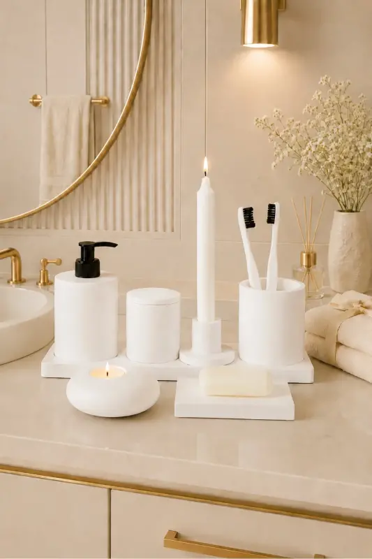 8 Pieces Concrete Bathroom Set Solid Liquid Soap Dispenser Toothbrush Holder Candle Holder Tray Presentation Cotton Box-White - BETONMALL