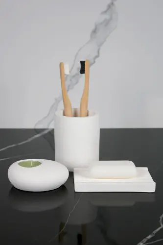 8 Pieces Concrete Bathroom Set Solid Liquid Soap Dispenser Toothbrush Holder Candle Holder Tray Presentation Cotton Box-White - 3