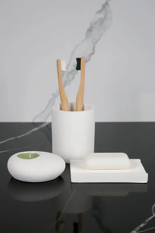 8 Pieces Concrete Bathroom Set Solid Liquid Soap Dispenser Toothbrush Holder Candle Holder Tray Presentation Cotton Box-White - 3