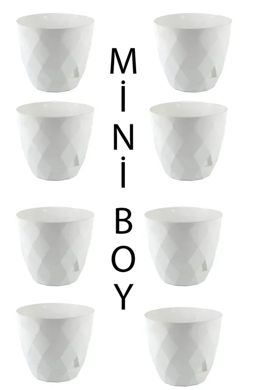 8 Pieces Small Size Shiny Patterned Plastic Flower Pot with Saucer Yakamoz No 0 Mini Size. 0.30 Liters - White - 1