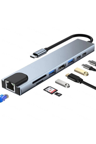 8-в-1 USB Type-C Hub-адаптер с портами HDMI, USB, Ethernet, PD-входом - 1