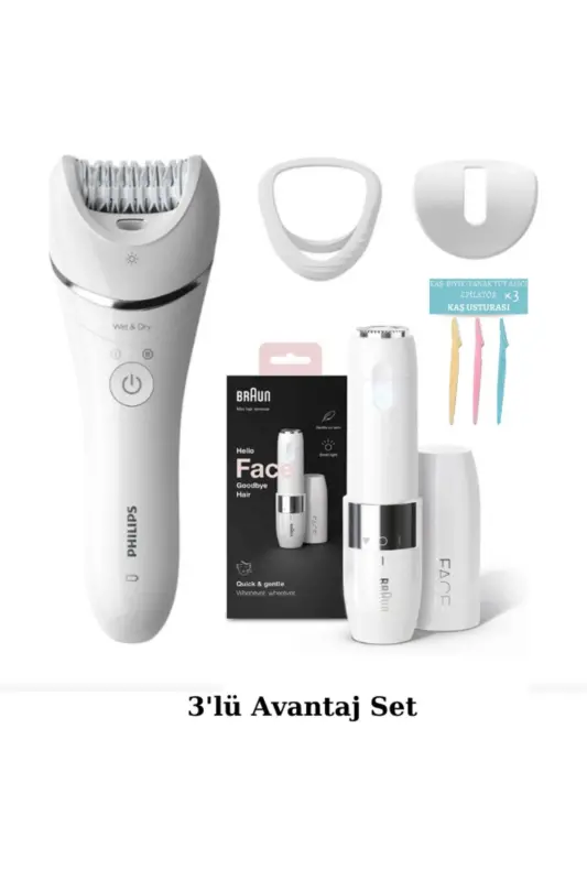 8000 Series Wet/Dry Epilator - Braun Mini Trimmer - Eyebrow Razor 3-Piece Set - PHILIPS