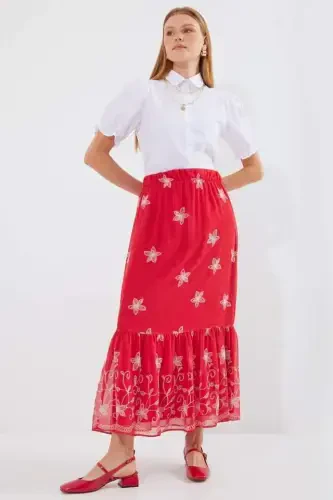8010 Patterned Chiffon Skirt - Bright Red - 1