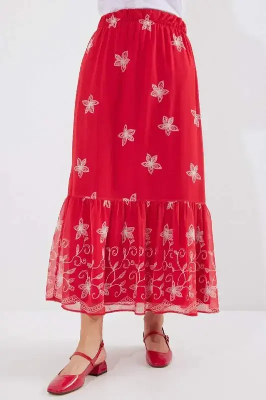 8010 Patterned Chiffon Skirt - Bright Red - 2