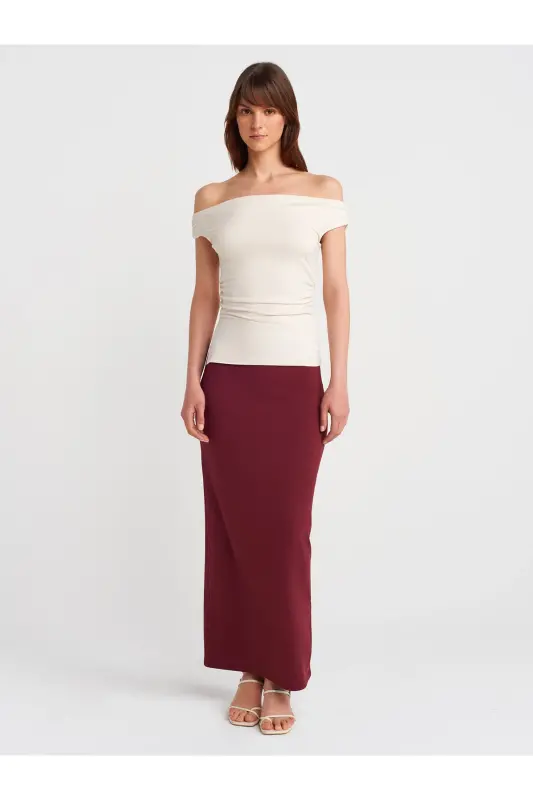 80354 Polyamide Pencil Skirt-Burgundy-Burgundy - DILVIN
