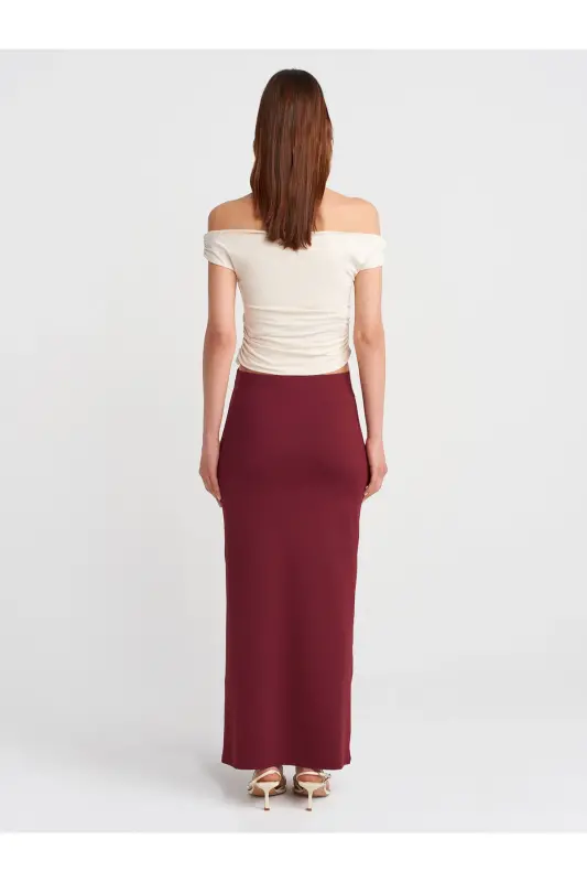 80354 Polyamide Pencil Skirt-Burgundy-Burgundy - 2