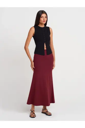 80362 High Waist Long Skirt-Burgundy-Burgundy 