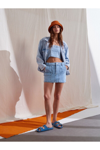 80537 Önü Cepli Mini Denim Etek - Mavi - 1