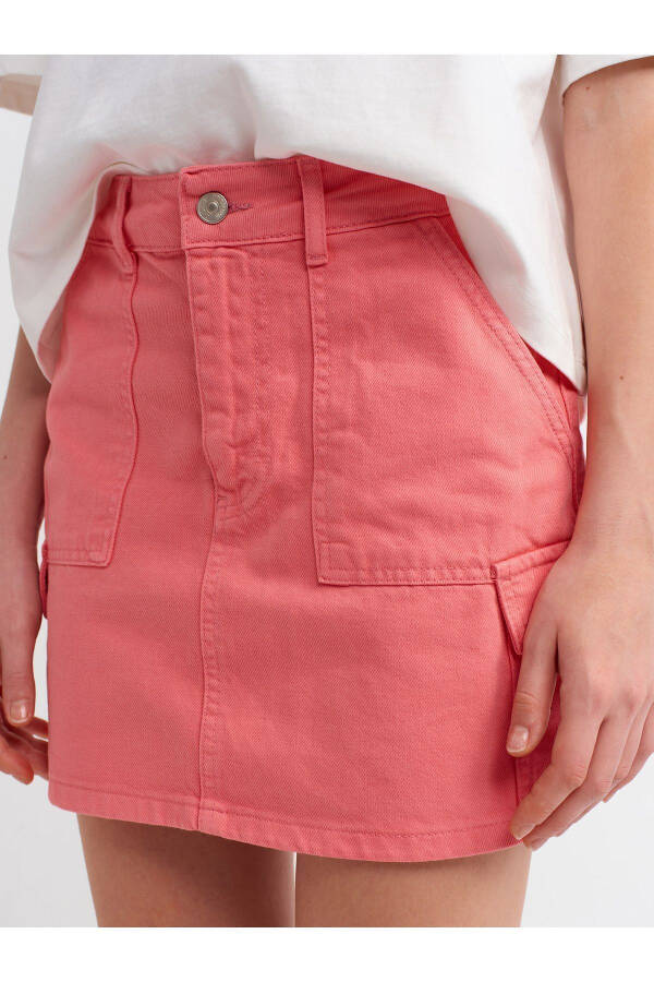 80546 Pamuklu Denim Kargo Etek-Pembe - 4