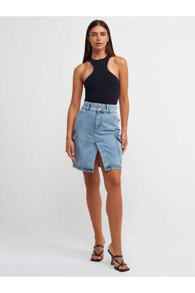 80548 Yanları Cepli Midi Denim Etek-Mavi - 1