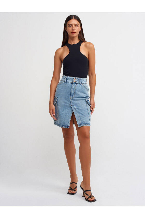 80548 Yon tomonlari cho'ntakli midi denim yubka - Ko'k - 1