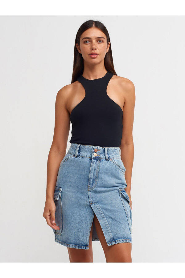 80548 Yon tomonlari cho'ntakli midi denim yubka - Ko'k - 3