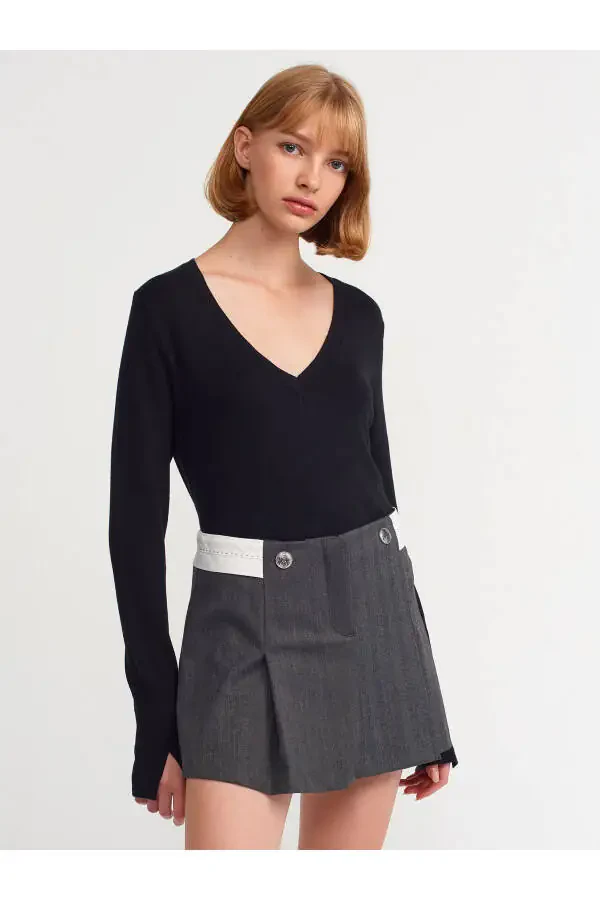 80792 Pleated Curved Belt Skirt - Anthracite - 4